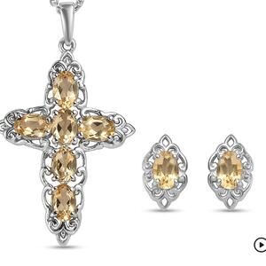 Brazilian Citrine 3.25ctw Earrings & Pendant Necklace (20 ") Stainless Steel NWB